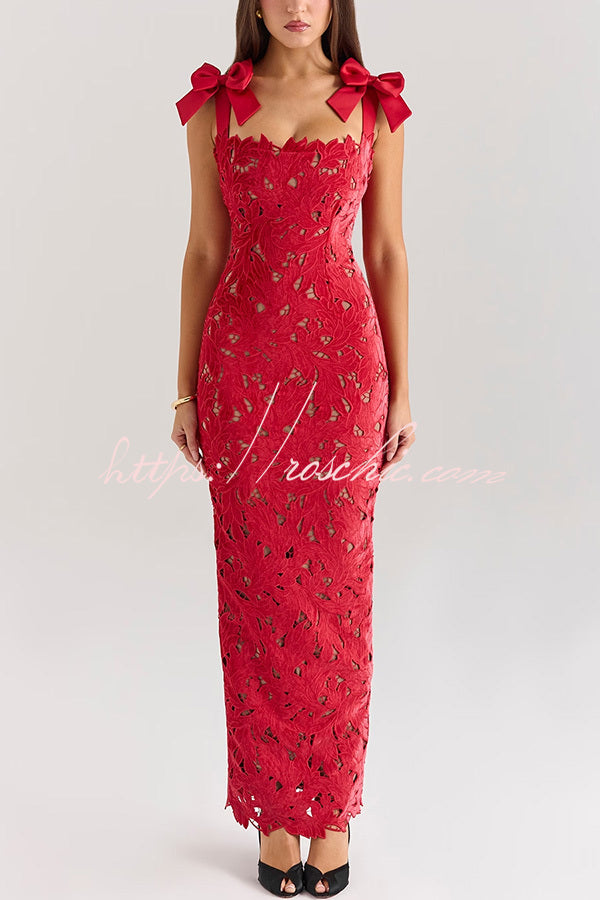 Holiday Intimacy Embroidered Floral Lace Bow Shoulder Straps Slit Maxi Dress