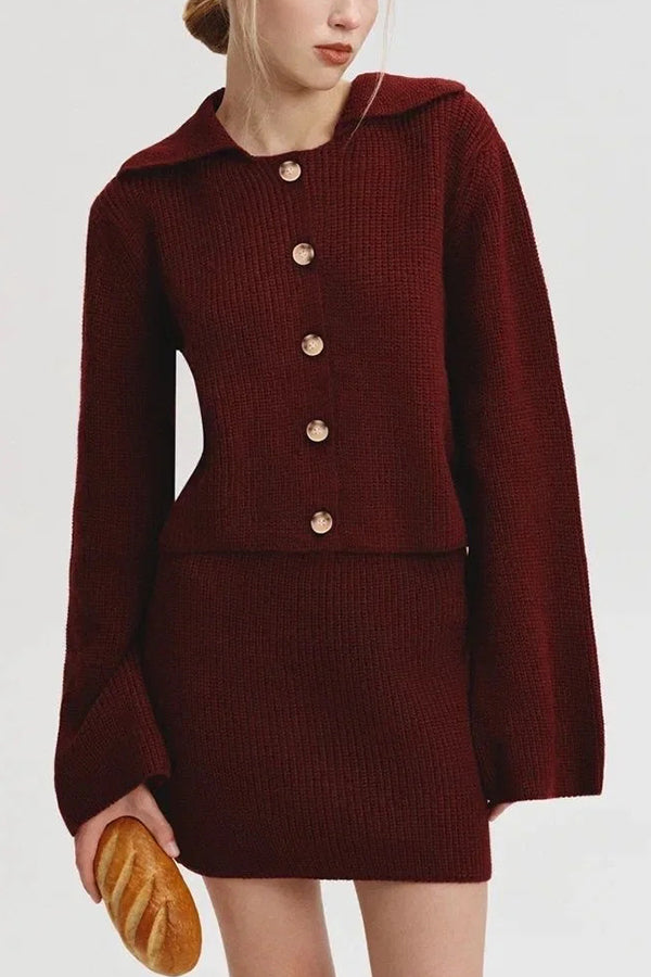 Fashion Lapel Bell Sleeve Knitted Cardigan and Casual Mini Skirt Set