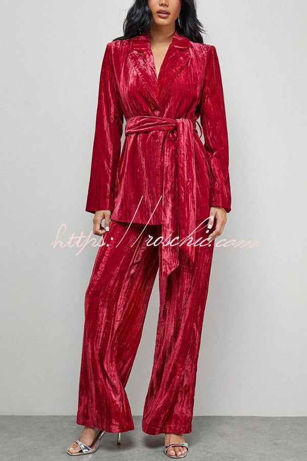 Solid Color Velvet Long-sleeved Waist Tie Top and Elastic Waist Casual Pocket Straight-leg Pants Set