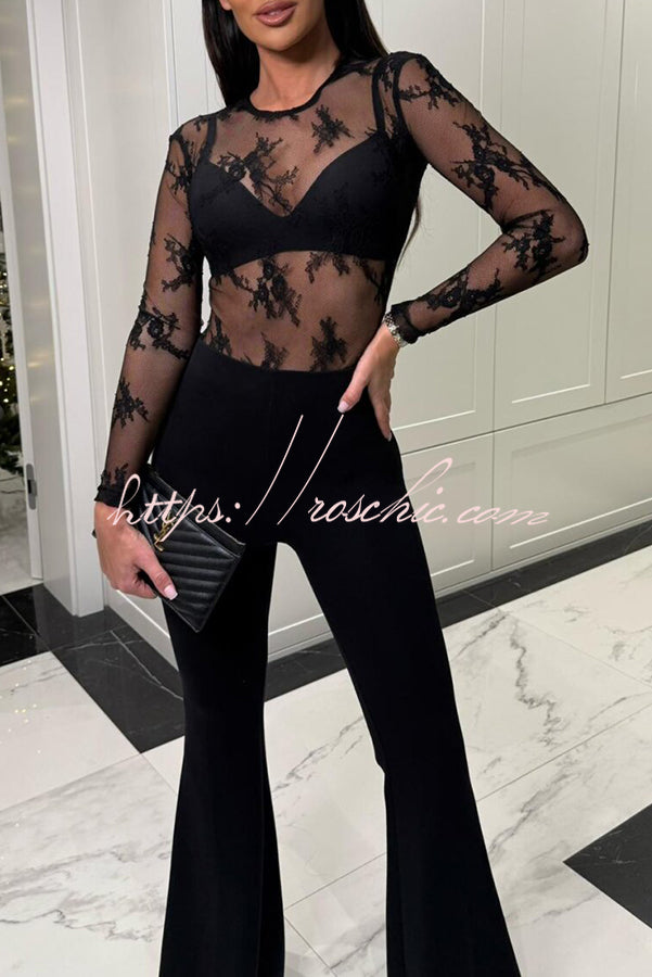 Elegant Sexy Touch Lace Mesh Long Sleeve Stretch Bodysuit