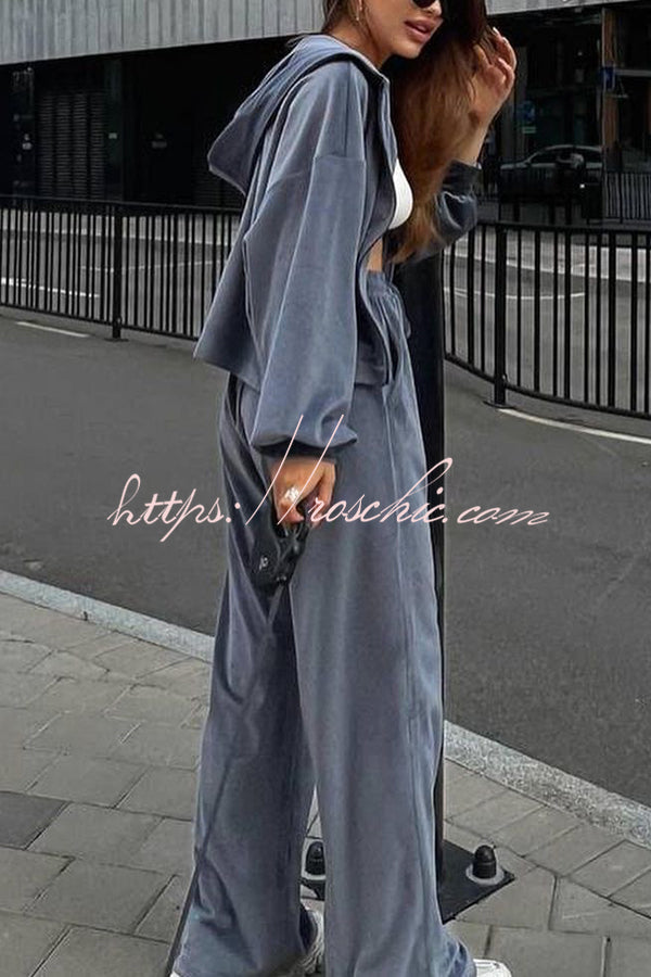 Velvet Casual Zip-up Hooded Top and Elastic Waist Wide Leg Pants Set