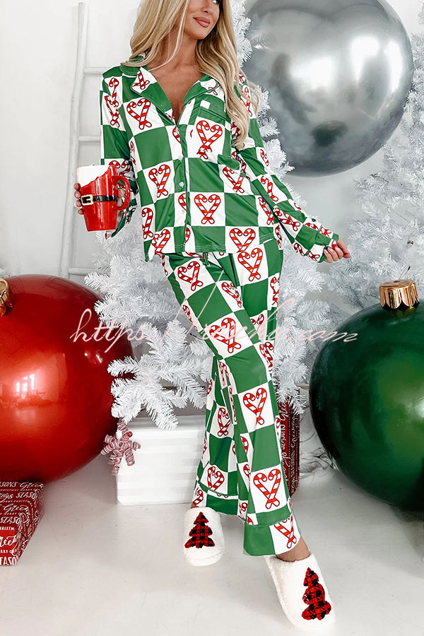 On Christmas Morning Candy Cane Printed Elastic Waist Pocketed Pajama Set