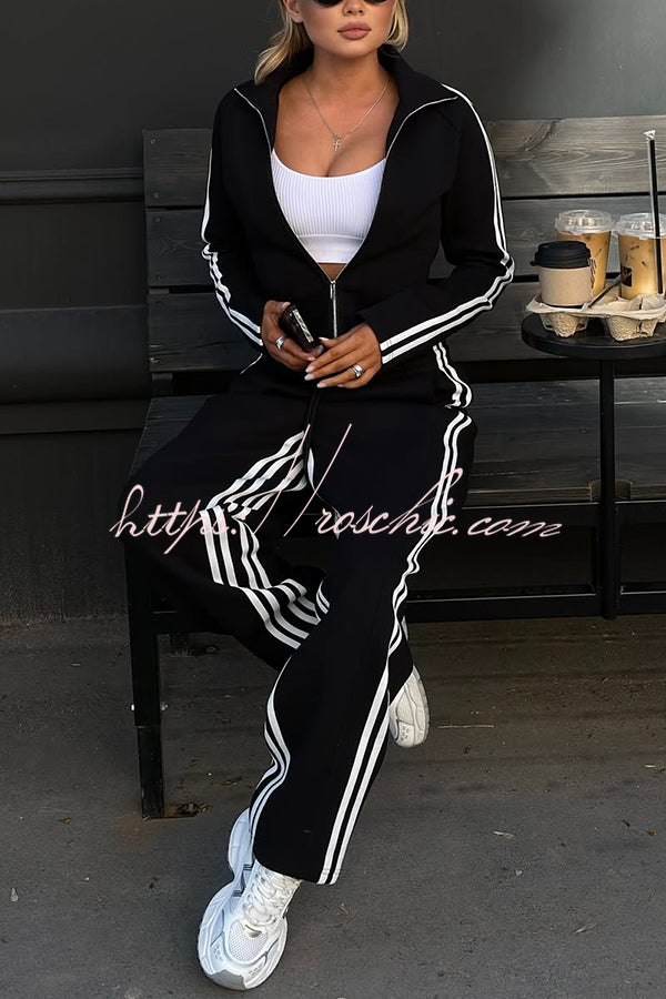 Fashionable Sports Style Striped Long-sleeved Jacket and Elastic Waist Casual Pants Set