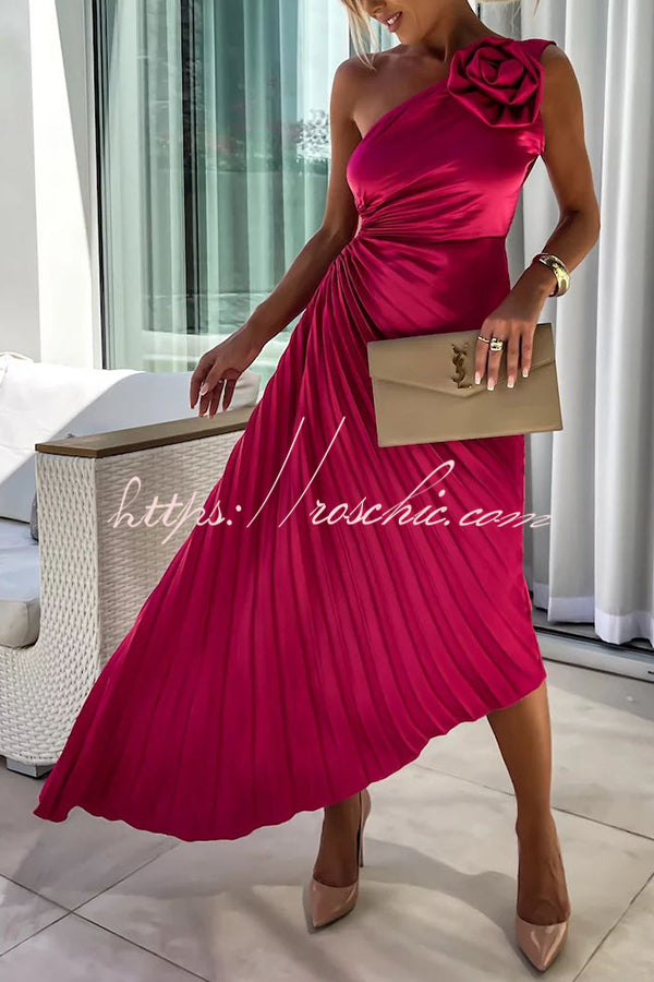 Romantic Nights Satin Raised Flower Elastic Cutout One Shoulder Pleated Maxi Dress