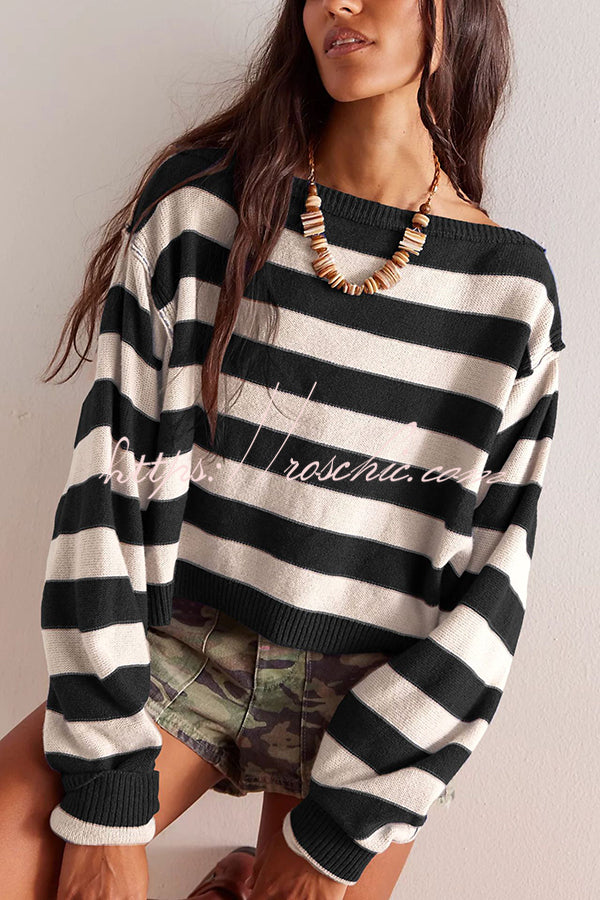 Striped Print Crew Neck Long Sleeve Loose Knitted Sweater