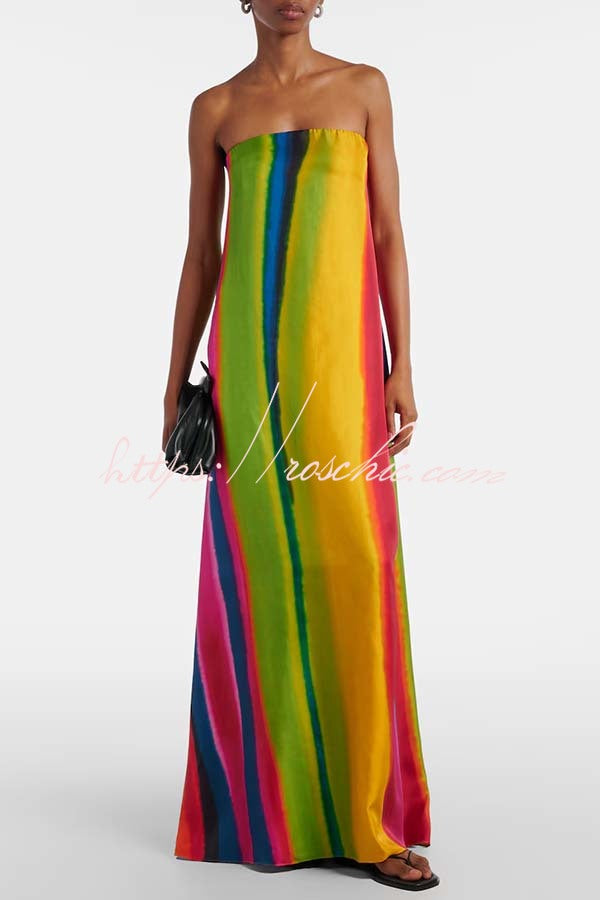 Artistic Rainbow Satin Watercolor Print Off Shoulder Pocketed H-line Maxi Dress