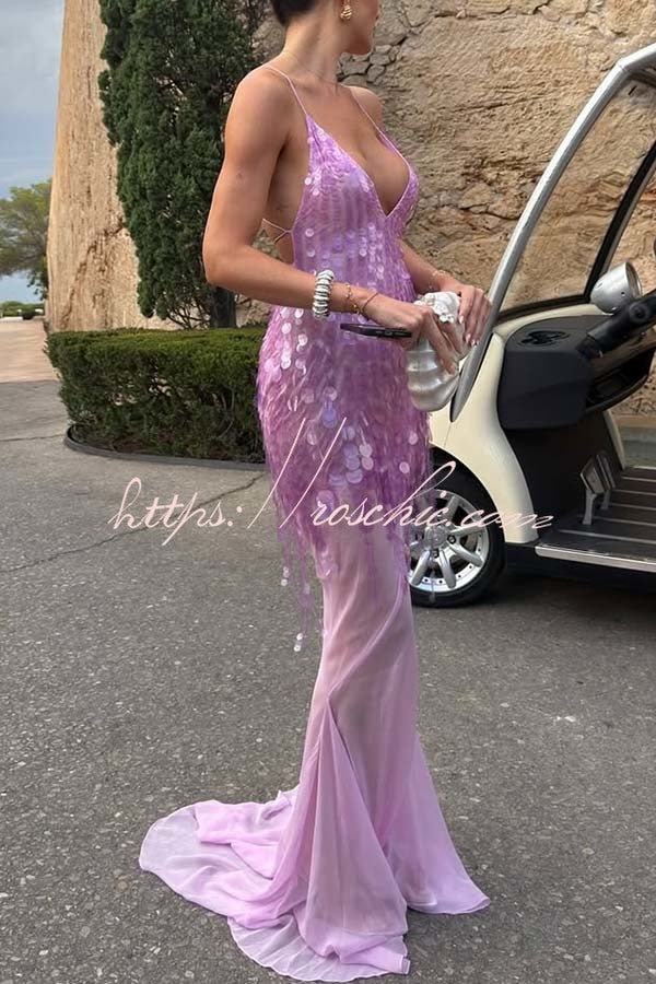 Perfect Night Sequin Embroidery Backless Drape Tulle Hem Slip Maxi Dress