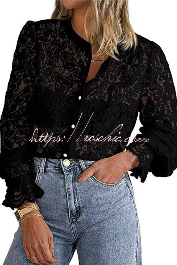 Fashionable Lace Long-sleeved Casual Button-down Shirt