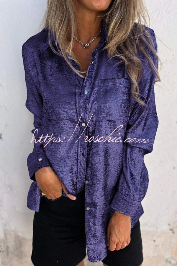 First and Fabulous Metallic Fabric Button Up Long Sleeve Loose Blouse