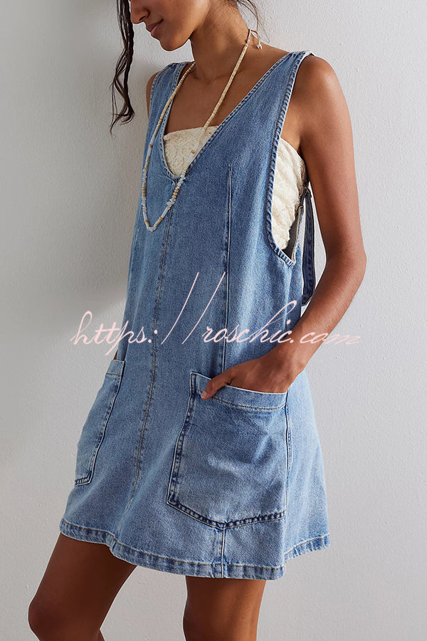 Solid Color Sleeveless V-neck Pocket Adjustable Denim Suspender Mini Dress