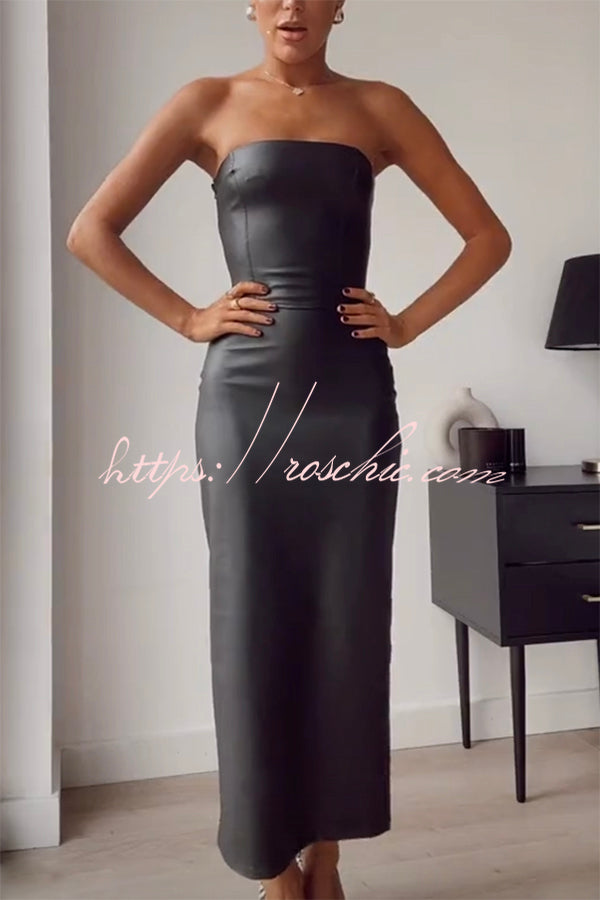 Graceful Curves Faux Leather Strapless Slit Stretch Maxi Dress