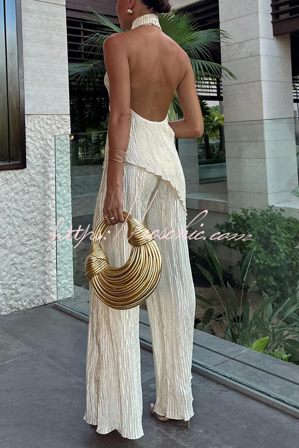 Charm and Charisma Texture Fabric Halter Neck Backless Tank and Elastic Waist Wide Leg Pants Suit