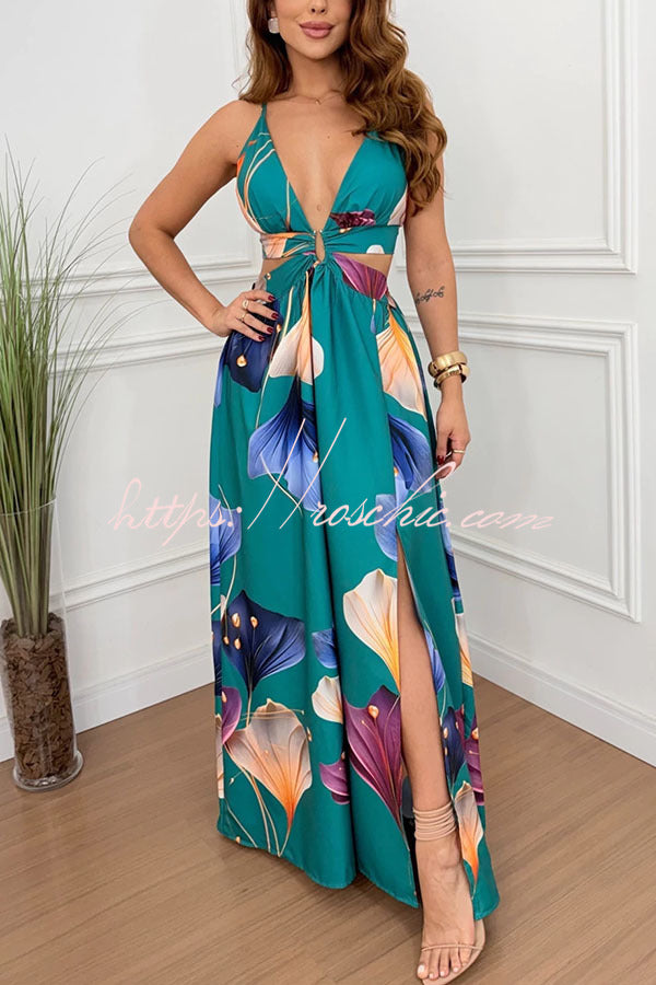 Seinah Floral Print Cutout Waist Open Back Lace-Up Slit Maxi Dress