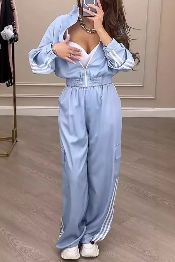 Fashion Loose Long Sleeve Zipper Top and Elastic Waist Pocket Casual Pants Set