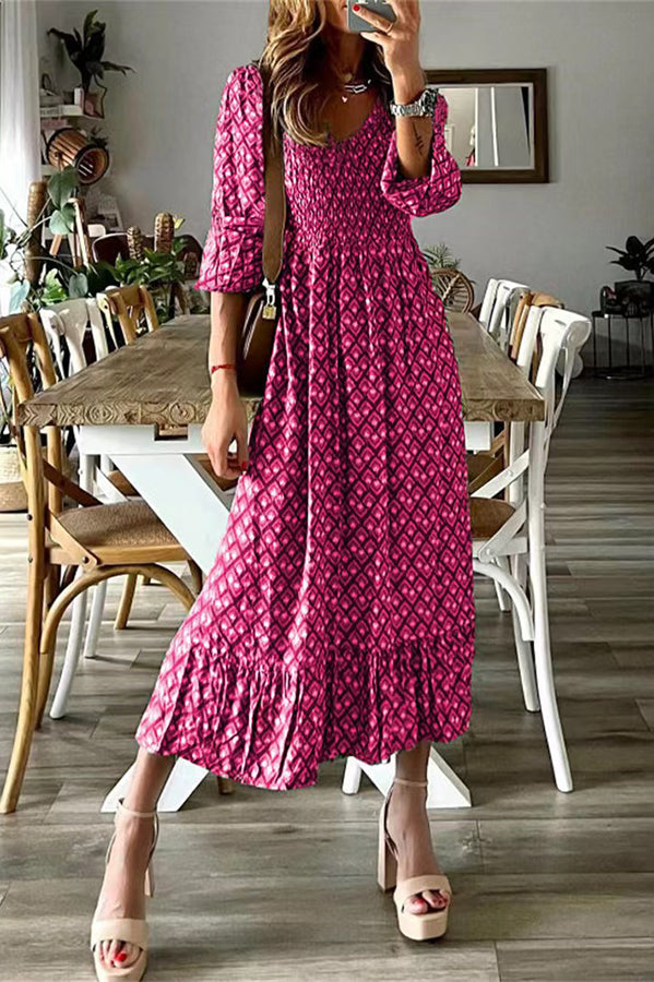 Kennan Ethnic Print Smocked Bust Long Sleeve Relaxed Midi Dress