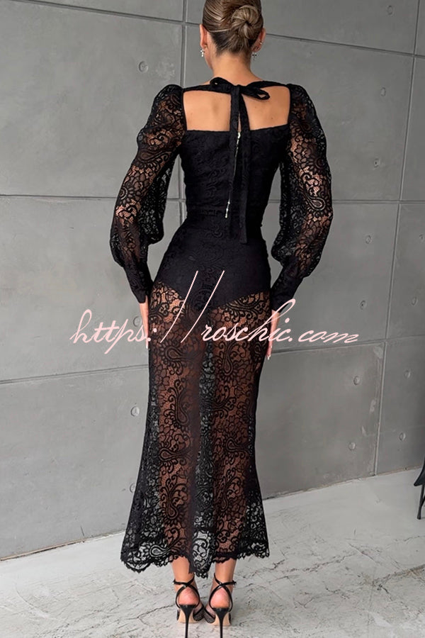 Timeless Moment Floral Lace Square Neck Button Up Balloon Sleeve Top