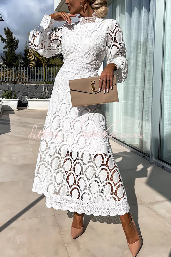 Romantic, Sensual and Elegant Crochet Lace Lantern Sleeve Party Midi roschic Romantic, Sensual and Elegant Crochet Lace Lantern Sleeve Party Midi roschic