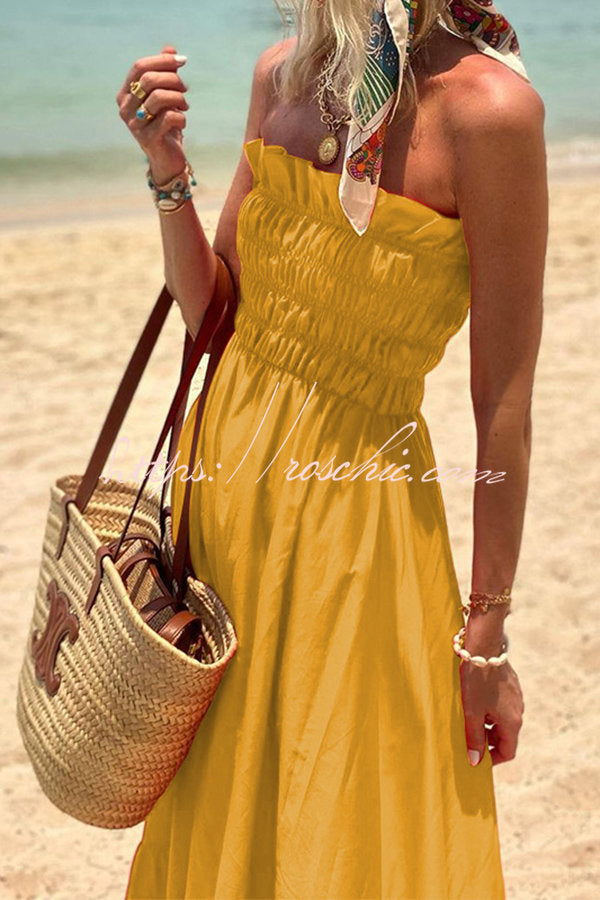 Phuket Sunsets Smocked Bust Off Shoulder Vacation Maxi Dress