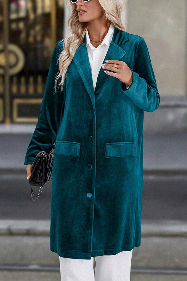 Solid Color Velvet Lapel Long-sleeved Casual Button Mid-length Coat