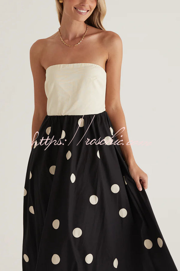 Fashion Polka Dot Print Tube Top Spliced Maxi Dress