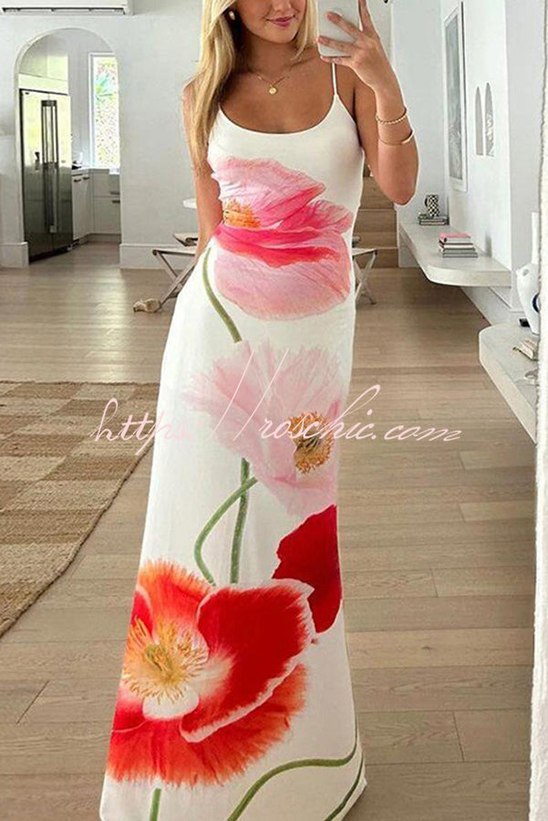 Romantic Beginnings Poppy Blossom Slip Floral Stretch Vacation Maxi Dress