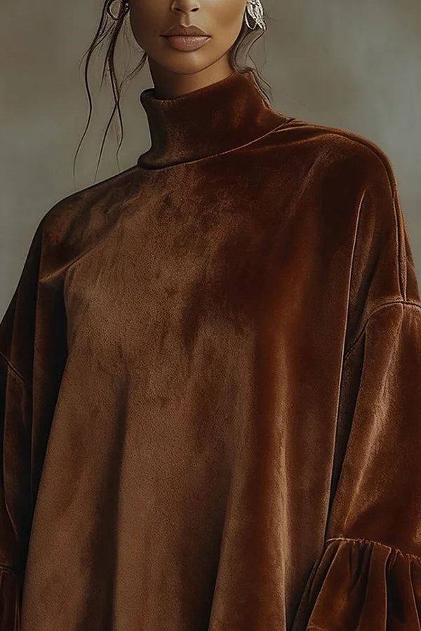 Fashionable Velvet Leopard Print Loose-fitting Turtleneck Long-sleeved Mini Dress