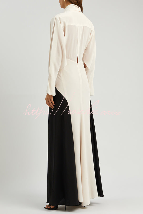 Fashion Contrast Color V-neck Tie High Waist Drape Maxi Dress
