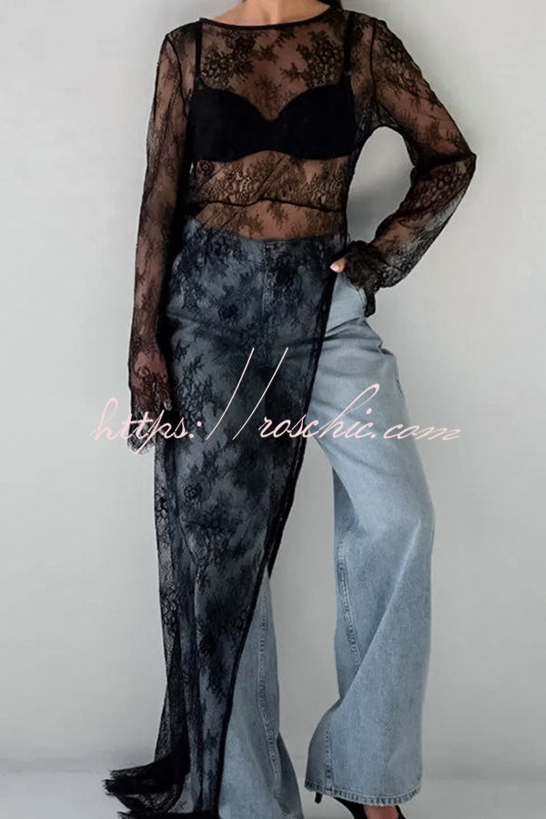 Sexy Openwork Lace Long-sleeved Asymmetrical Casual Top
