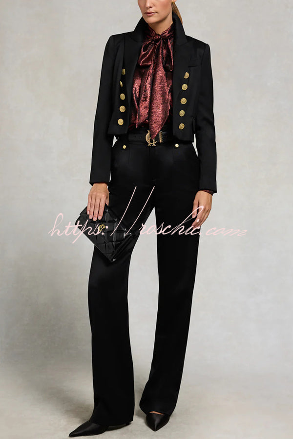 Ariella Metallic Satin Fabric Tie-up Bow Neck Long Sleeve Blouse