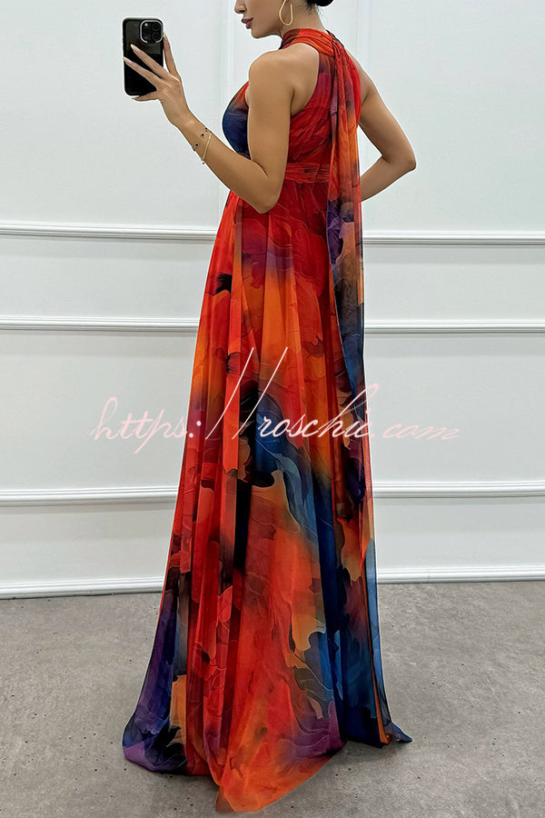 Elaine Tulle Floral Splash Print Cutout Halter Tie-up Neck Gown Maxi Dress