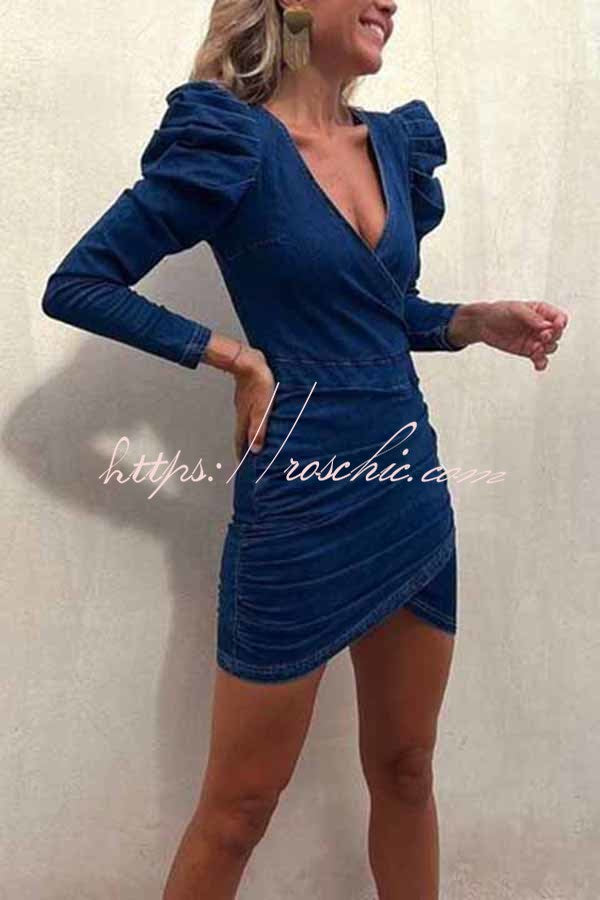 All The Best Denim Puff Sleeve Ruched Stretch Mini Dress