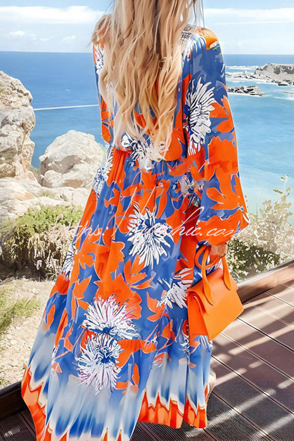 Unique Print V-Neck Long Sleeve Full Hem Holiday Maxi Dress