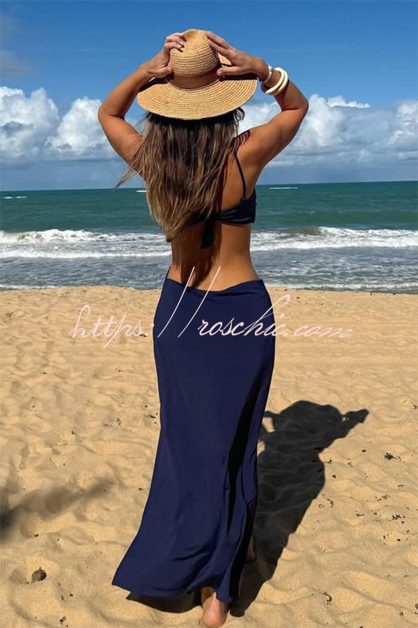 Metal Shell Straps Elastic Bikini and Slit Cover-up Dress Three-piece Set, Coffee / L Metal Shell Straps Elastic Bikini and Slit Cover-up Dress Three-piece Set, Coffee / L