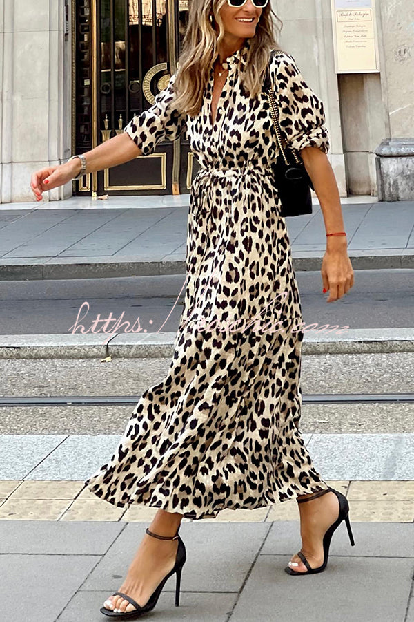 Best of Me Leopard Print Button Long Sleeve Elastic Waist Shirt Maxi Dress