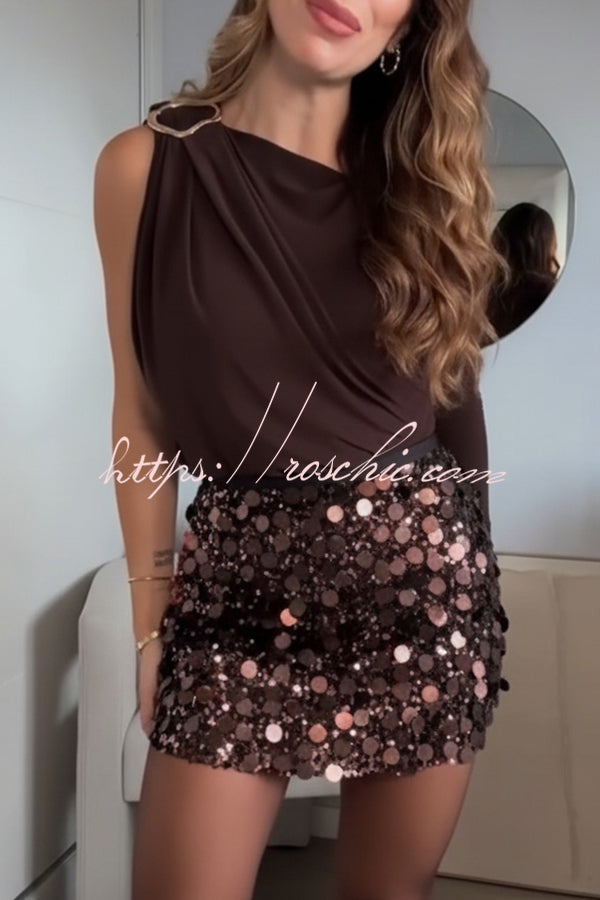 After Party Energy Brooch Detail One Sleeve Ruched Drape Stretch Bodysuit