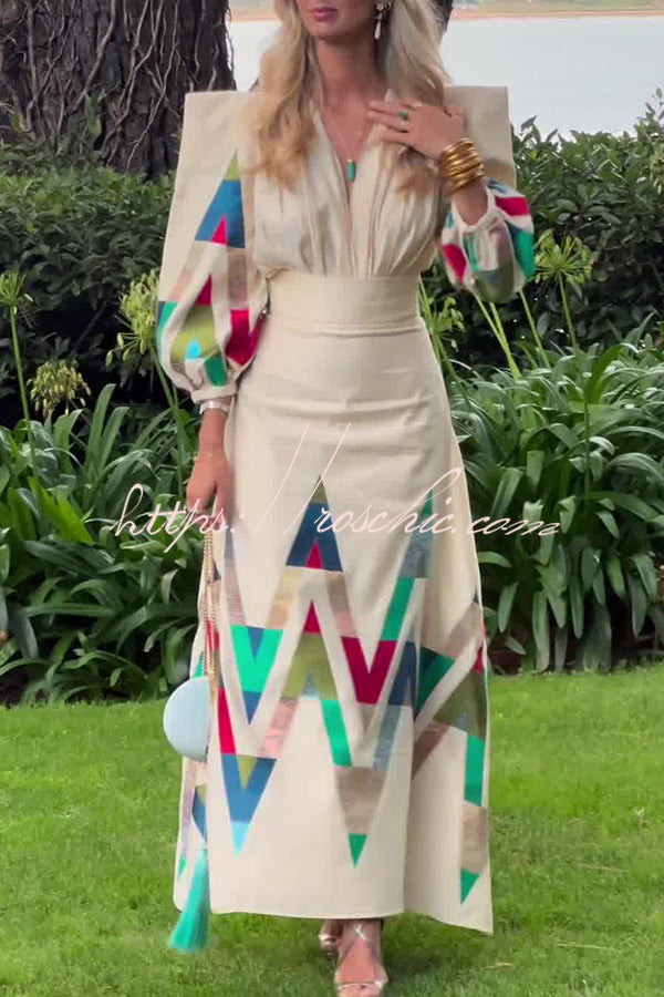 Highest Elegance Colorful Triangle Print Padded Shoulder Blouse and High Rise Maxi Skirt Set