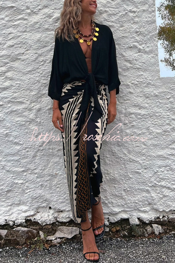 Astra Ethnic Print High Waist Ruched Wrap Maxi Skirt