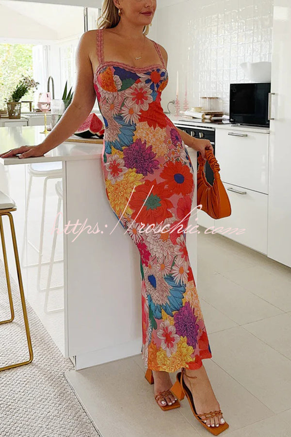 Floral Print Lace Trim Sexy Strapless Backless Slim Fit Maxi Dress