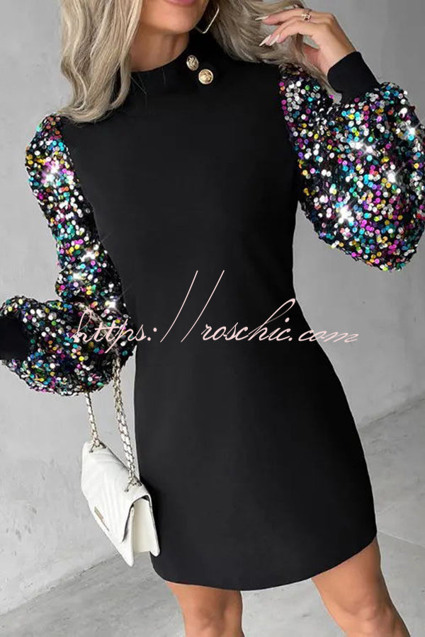 Color Block Turtleneck Balloon Sleeves Sequined Button Mini Dress