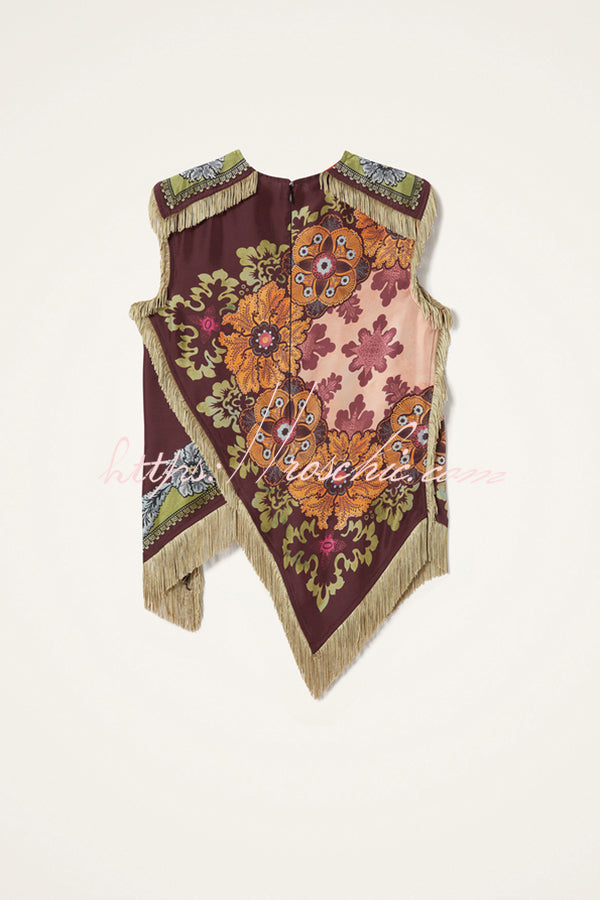 Stunning Floral Print Asymmetric Tassel Trim Scarf Top
