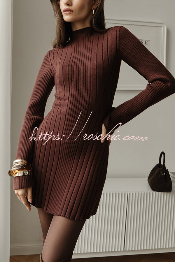 Solid Color Long-sleeved Slim-fit Elegant Knitted Mini Dress