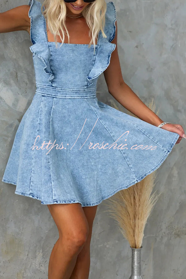 Sweet Secret Denim Square Neck Ruffle Sleeve Stretch Mini Dress