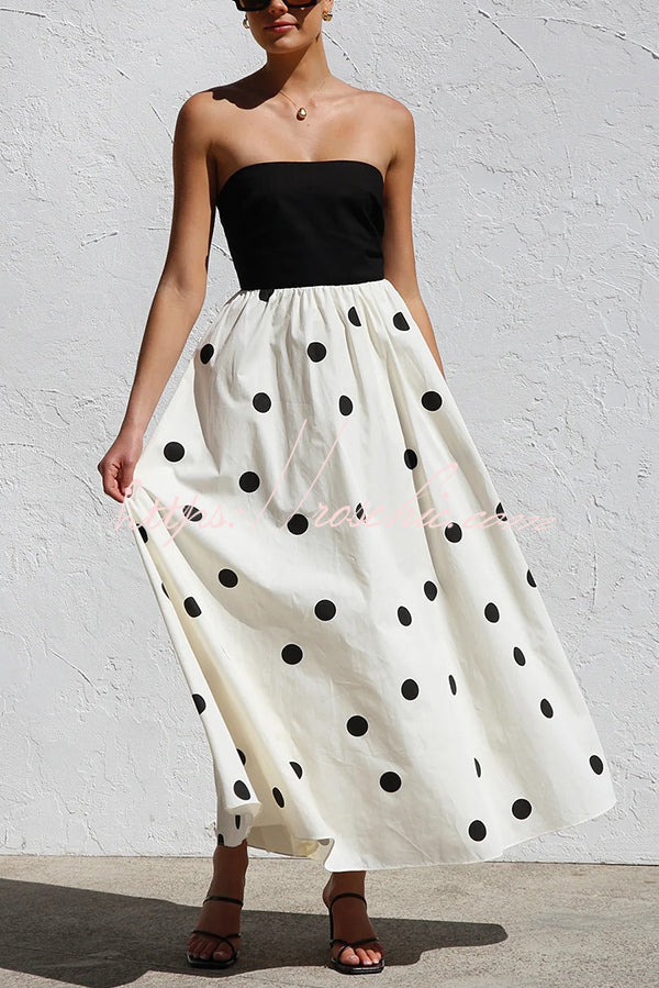 Polka Dot Print Off-shoulder Contrast Color Maxi Dress