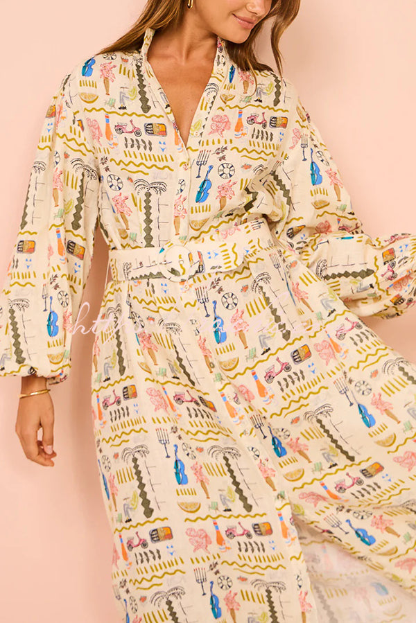 Country Cutie Unique Print Long Sleeve Belted Pocket Shirt Maxi Dress