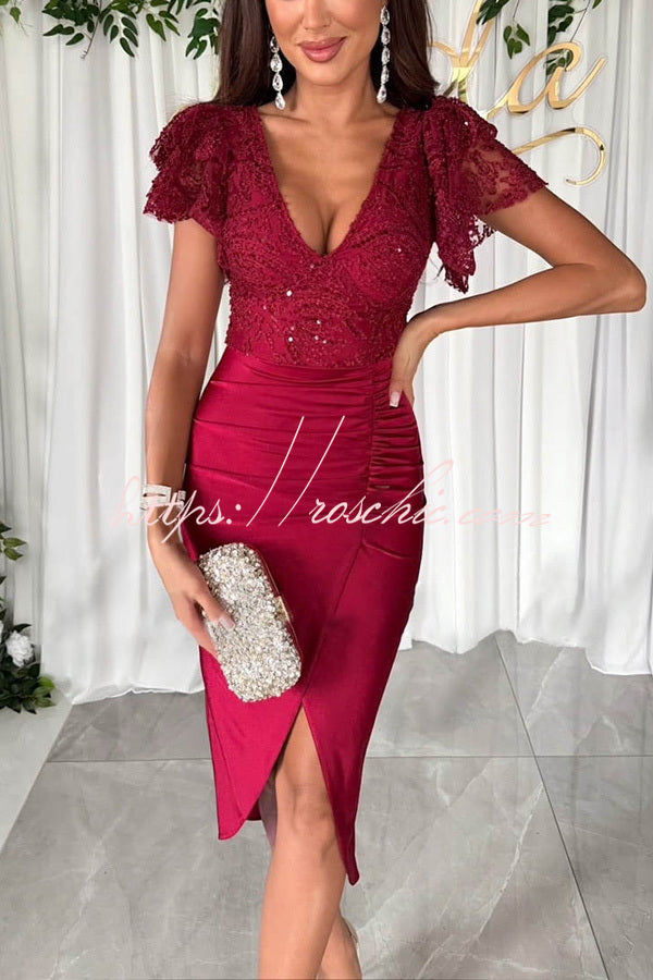 Dreamy Luxury Lace and Satin Patchwork Ruffle Sleeve Ruched Midi Dress