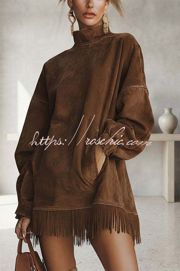 loose long sleeve mini dress Stylish Suede High-neck Long-sleeved Loose-fitting Pockets Tassel Affordable Indo Western Dresses noncustom Wear to work dresses Size:42 Regular