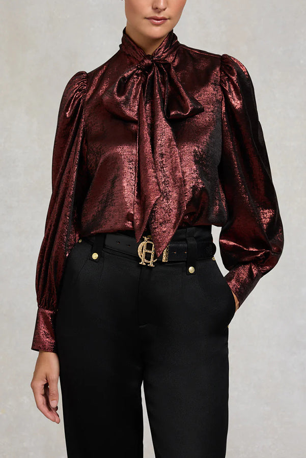 Ariella Metallic Satin Fabric Tie-up Bow Neck Long Sleeve Blouse