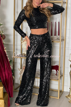 New Start Sequin Long Sleeve Back Tie-up Crop Top and Elastic Waist Loose Pants Set