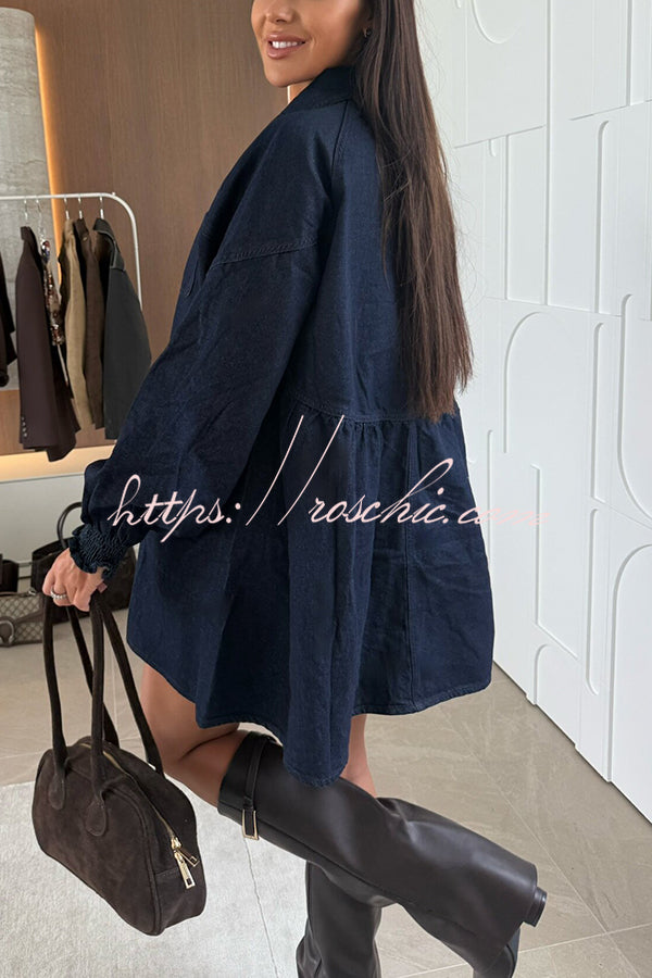 Fashion Heart Button Long Sleeve Casual Pocket Denim Mini Dress