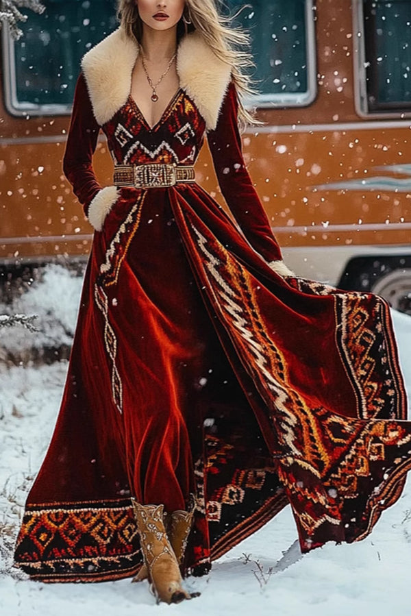 Unique Printed Velvet Fur Collar Long Sleeve Elegant Maxi Dress